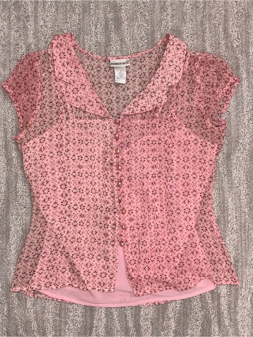 VTG Fashion Bug 100% Silk Pink Button Down Top Sheer Boho Y2K Women’s Sz S